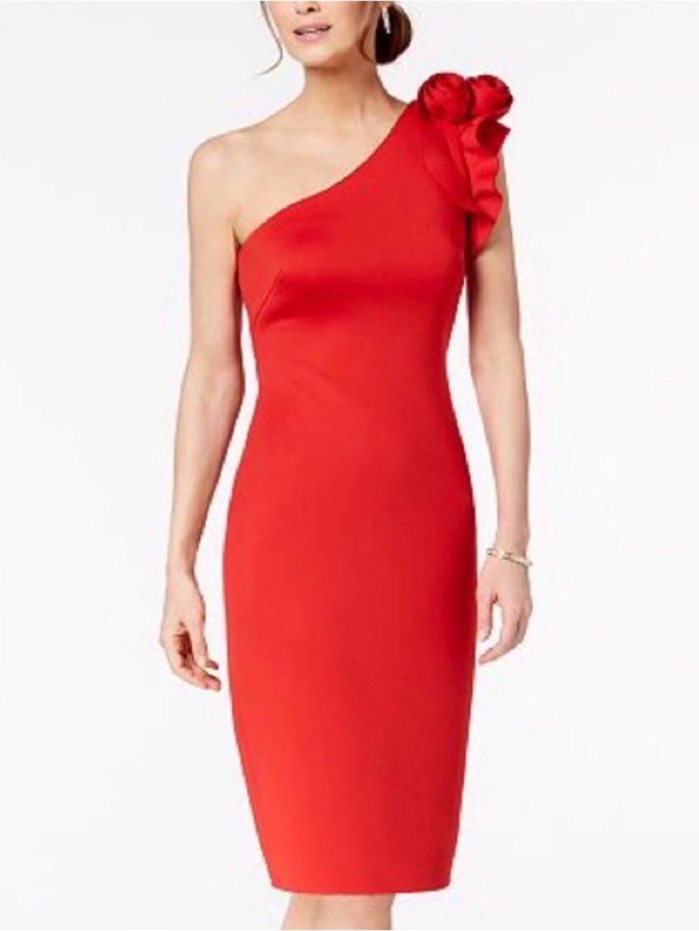 Betsy & Adam Red One Shoulder Rosette Scuba Cocktail Dress Size 6 NWT